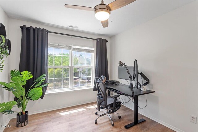 8408 Haines Creek Ln, Raleigh, NC 27616 - office area with ceiling fan, baseboards, visible vents, and wood finished floors