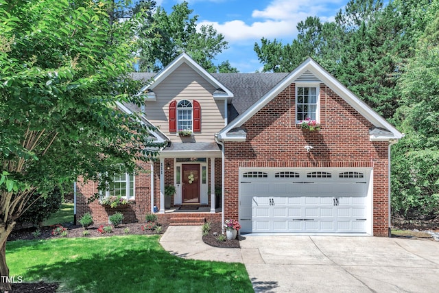 111 Ferncroft Ct, Cary, NC 27519 - traditional-style home with driveway, a garage, brick siding, a front yard, and roof with shingles