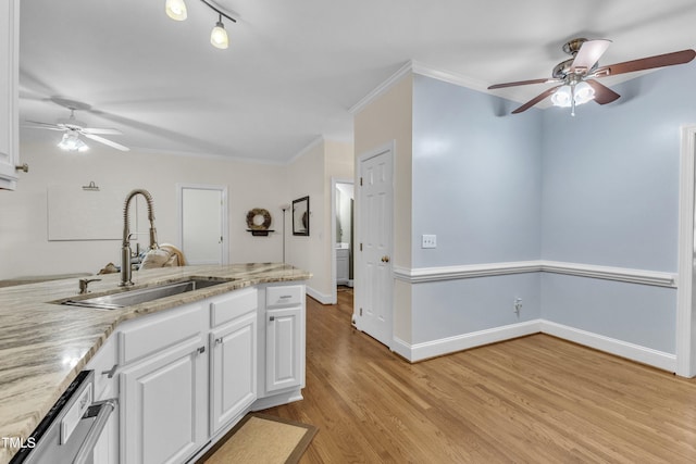 111 Ferncroft Ct, Cary, NC 27519 - kitchen featuring ceiling fan, a sink, dishwasher, white cabinets, and crown molding