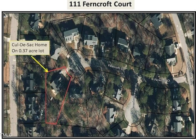 111 Ferncroft Ct, Cary, NC 27519 - aerial overview of property's location featuring property parcel outlined