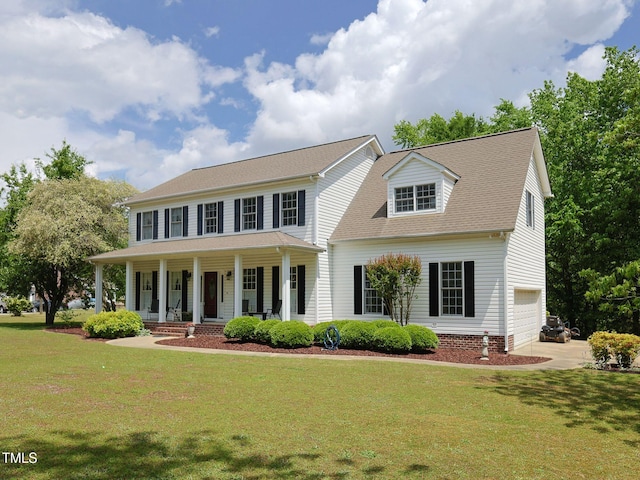 colonial-style house with a porch, roof with shingles, and a front lawn