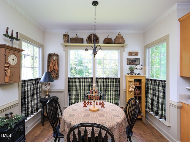 dining area featuring plenty of natural light, wood finished floors, and ornamental molding