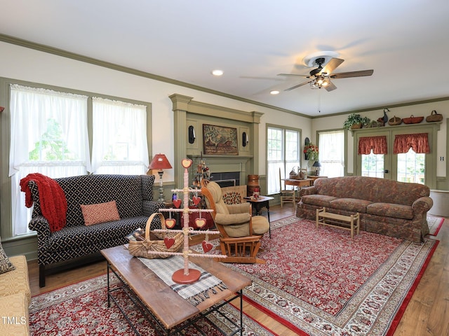 living area featuring a fireplace, crown molding, ceiling fan, and wood finished floors