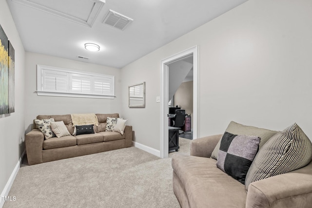 200 Heather Brook Cir, Spring Lake, NC 28390 - living room featuring baseboards, carpet, attic access, and visible vents