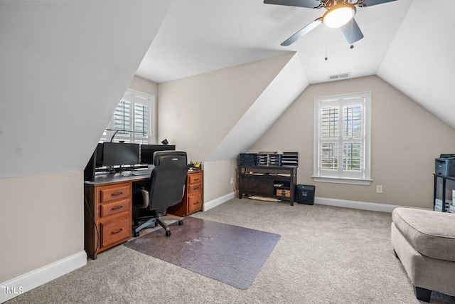 200 Heather Brook Cir, Spring Lake, NC 28390 - office area with vaulted ceiling, a ceiling fan, light colored carpet, and visible vents