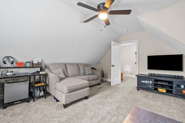 200 Heather Brook Cir, Spring Lake, NC 28390 - living area featuring vaulted ceiling, baseboards, a ceiling fan, and carpet flooring