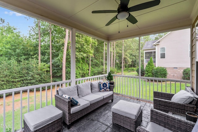 200 Heather Brook Cir, Spring Lake, NC 28390 - wooden deck with an outdoor hangout area, a ceiling fan, and a lawn