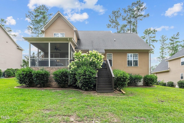 200 Heather Brook Cir, Spring Lake, NC 28390 - rear view of house with a sunroom, a ceiling fan, a yard, and stairway