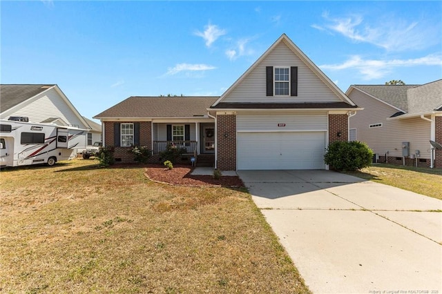traditional-style home featuring covered porch, brick siding, concrete driveway, and a front yard