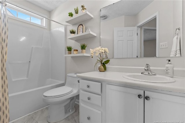 bathroom with shower / bath combo, vanity, toilet, a textured ceiling, and marble finish floor