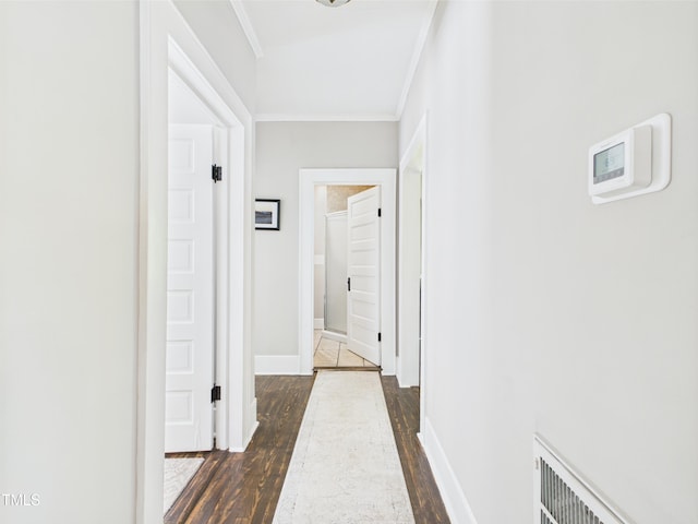 3609 Creekridge Country Rd, Randleman, NC 27317 - hall with dark wood-type flooring, ornamental molding, baseboards, and visible vents