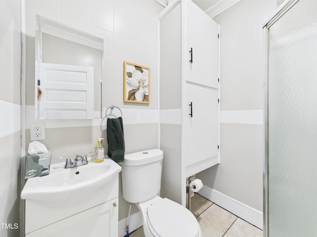 3609 Creekridge Country Rd, Randleman, NC 27317 - bathroom with crown molding, tile patterned flooring, vanity, toilet, and a shower with door
