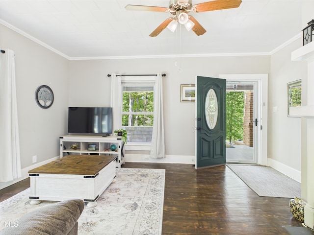 3609 Creekridge Country Rd, Randleman, NC 27317 - entryway with a ceiling fan, baseboards, ornamental molding, and dark wood-type flooring