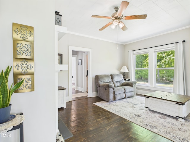 3609 Creekridge Country Rd, Randleman, NC 27317 - living area with crown molding, a ceiling fan, baseboards, and hardwood / wood-style floors