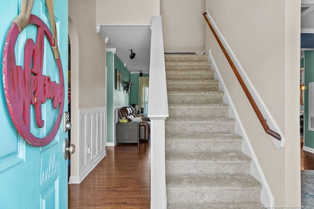 6628 Carriage Crossing Rd, Hope Mills, NC 28348 - foyer with ornamental molding, wood finished floors, and stairway