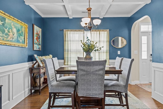 6628 Carriage Crossing Rd, Hope Mills, NC 28348 - dining room featuring coffered ceiling, wood finished floors, a notable chandelier, and beamed ceiling
