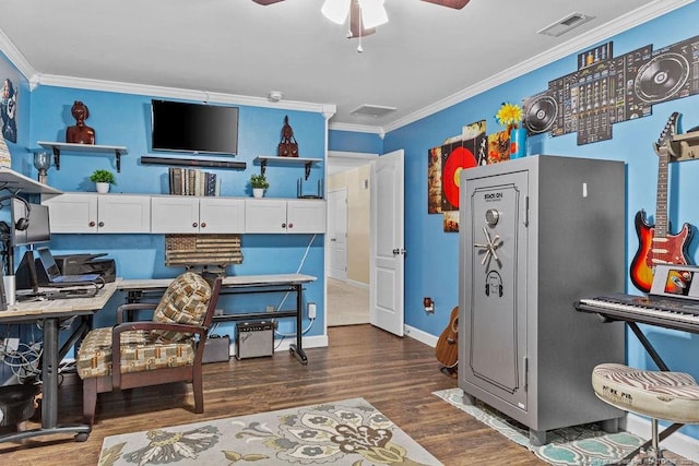 6628 Carriage Crossing Rd, Hope Mills, NC 28348 - bedroom featuring visible vents, ornamental molding, dark wood finished floors, and baseboards