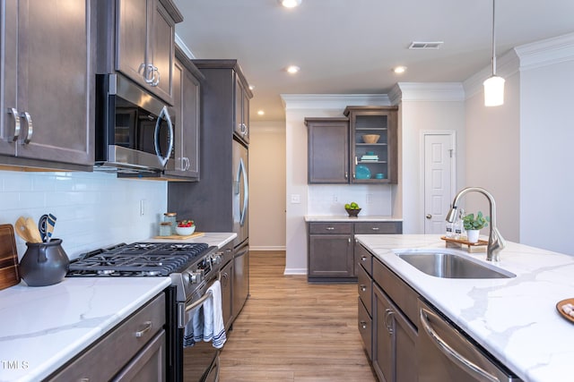 228 Shingle Oak Rd, Wake Forest, NC 27587 - kitchen with stainless steel appliances, a sink, ornamental molding, light wood finished floors, and dark brown cabinetry