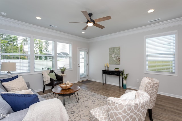 228 Shingle Oak Rd, Wake Forest, NC 27587 - living area with plenty of natural light, ceiling fan, wood finished floors, ornamental molding, and recessed lighting
