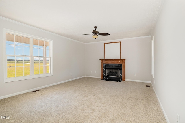 2919 Hayfield Rd, Wade, NC 28395 - unfurnished living room featuring carpet flooring, a ceiling fan, ornamental molding, and a high end fireplace