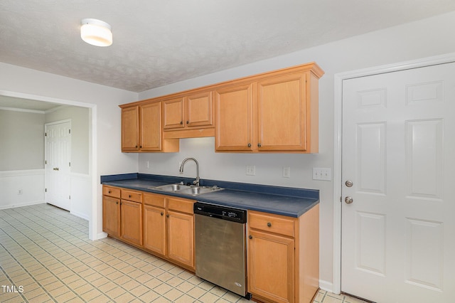 2919 Hayfield Rd, Wade, NC 28395 - kitchen with dishwasher, dark countertops, baseboards, and a sink