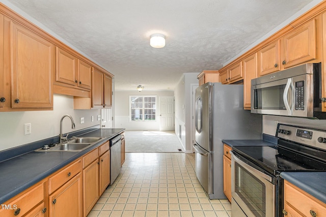 2919 Hayfield Rd, Wade, NC 28395 - kitchen featuring a sink, stainless steel appliances, light colored carpet, a textured ceiling, and dark countertops