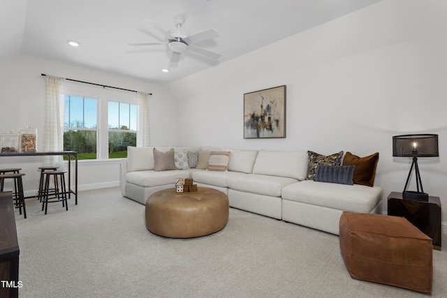 214 Alden Way, Angier, NC 27501 - living area with ceiling fan, baseboards, lofted ceiling, carpet, and recessed lighting
