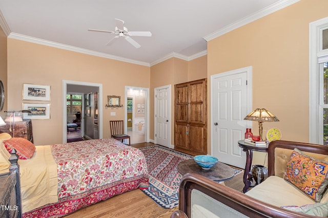 27425 Walker, Chapel Hill, NC 27517 - bedroom with ornamental molding, light wood-type flooring, ceiling fan, connected bathroom, and baseboards