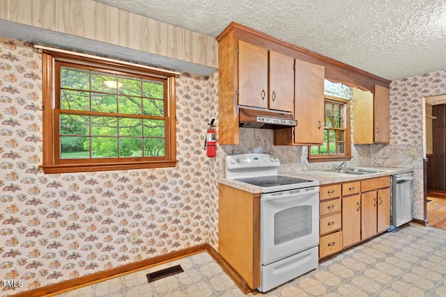 kitchen with stainless steel dishwasher, electric stove, under cabinet range hood, and a healthy amount of sunlight