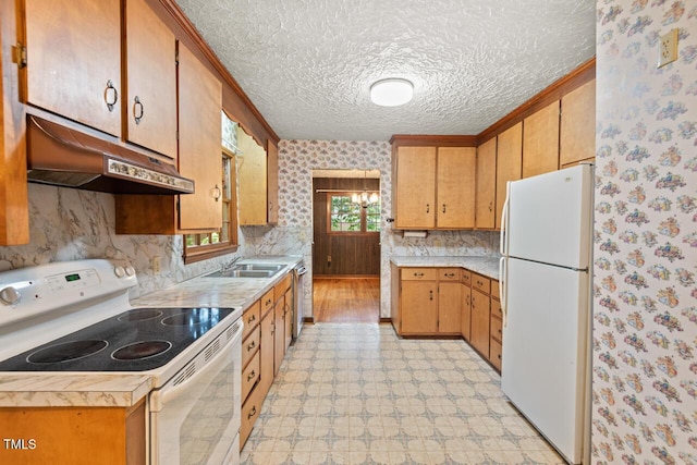 kitchen with a sink, light countertops, light floors, under cabinet range hood, and white appliances