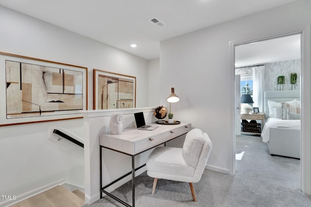 office area with baseboards, carpet, recessed lighting, and visible vents