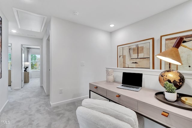 office area with recessed lighting, baseboards, light colored carpet, and attic access