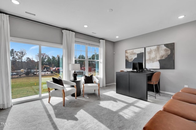 home office with carpet floors, recessed lighting, and baseboards