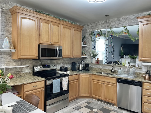 1944 Castle Pines Dr, Raleigh, NC 27604 - kitchen with appliances with stainless steel finishes, a sink, tasteful backsplash, and open shelves