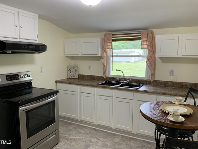 109 Revelle Park Ln, Murfreesboro, NC 27855 - kitchen featuring stainless steel electric range, under cabinet range hood, a sink, and dark countertops