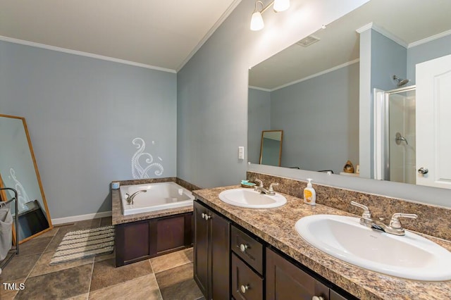 bathroom with a stall shower, crown molding, a bath, double vanity, and baseboards