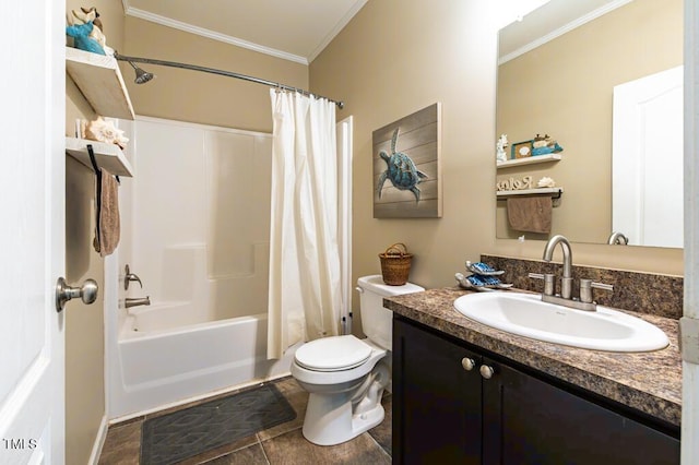 full bathroom with ornamental molding, toilet, vanity, and shower / bath combination with curtain