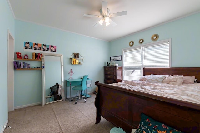 bedroom with light carpet, crown molding, baseboards, and ceiling fan