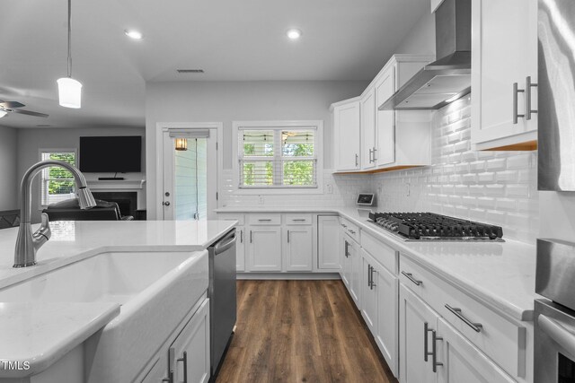 kitchen featuring stainless steel appliances, wall chimney exhaust hood, a sink, white cabinets, and healthy amount of natural light
