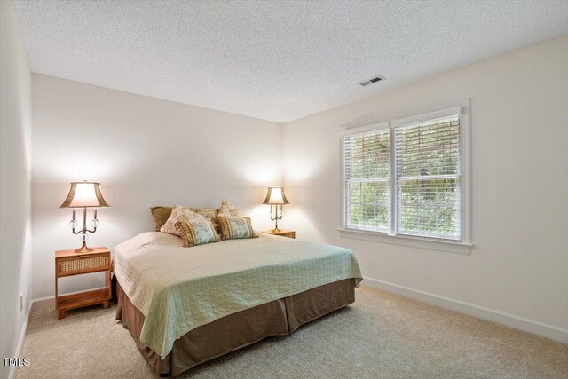 carpeted bedroom featuring baseboards and a textured ceiling