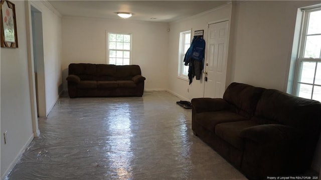 living area featuring crown molding and baseboards