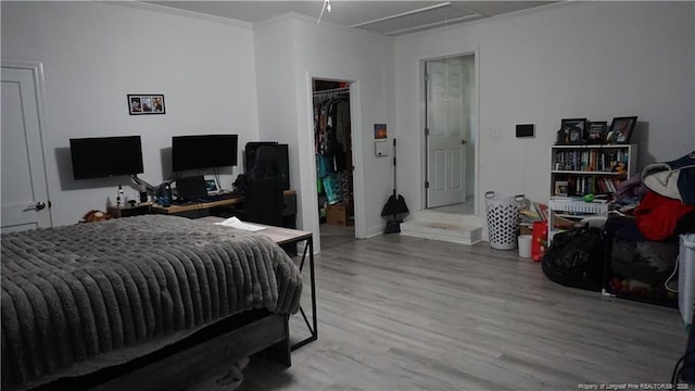 bedroom featuring a walk in closet, light wood finished floors, attic access, baseboards, and ornamental molding
