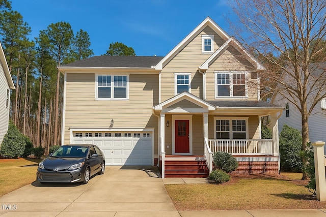 view of front of property featuring covered porch, an attached garage, driveway, and a front yard