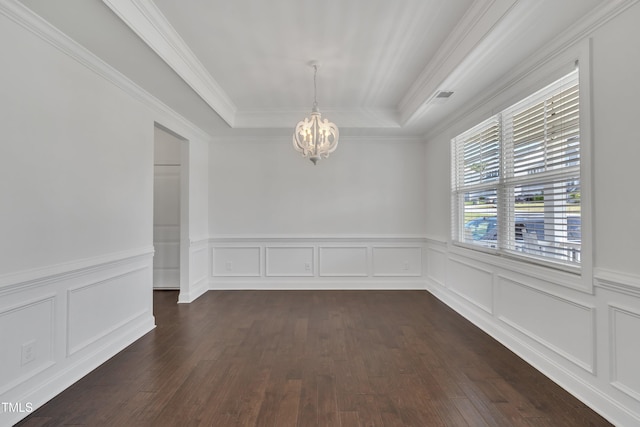 384 Grey Hawk Dr, Garner, NC 27529 - unfurnished dining area with a chandelier, dark wood-style flooring, a raised ceiling, wainscoting, and ornamental molding
