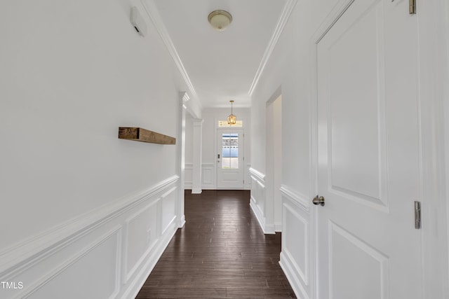 384 Grey Hawk Dr, Garner, NC 27529 - corridor featuring a decorative wall, crown molding, a wainscoted wall, and dark wood-style flooring