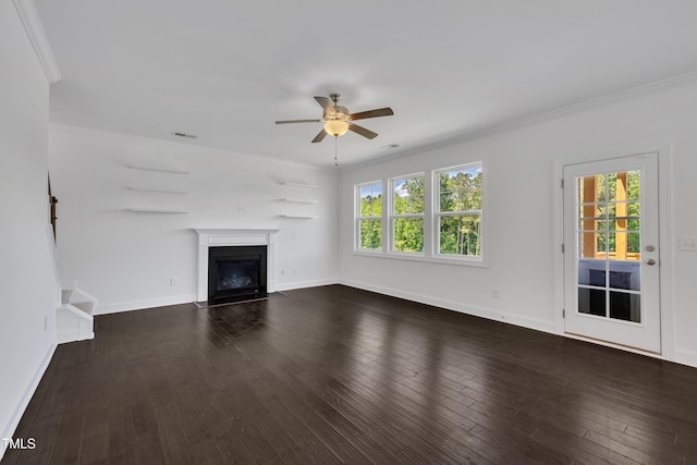 384 Grey Hawk Dr, Garner, NC 27529 - unfurnished living room with ceiling fan, a fireplace with flush hearth, ornamental molding, dark wood-style flooring, and baseboards