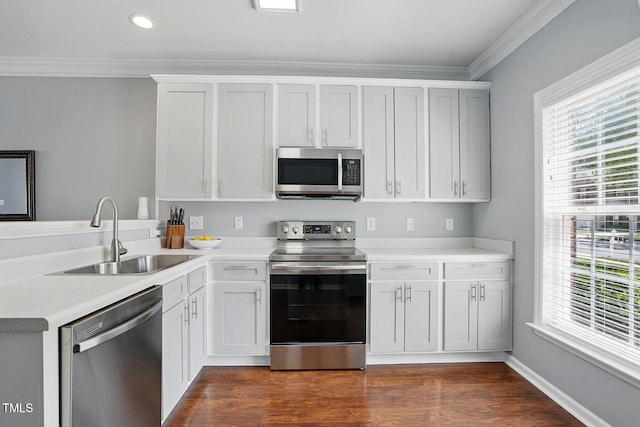 kitchen featuring light countertops, stainless steel appliances, crown molding, and a sink