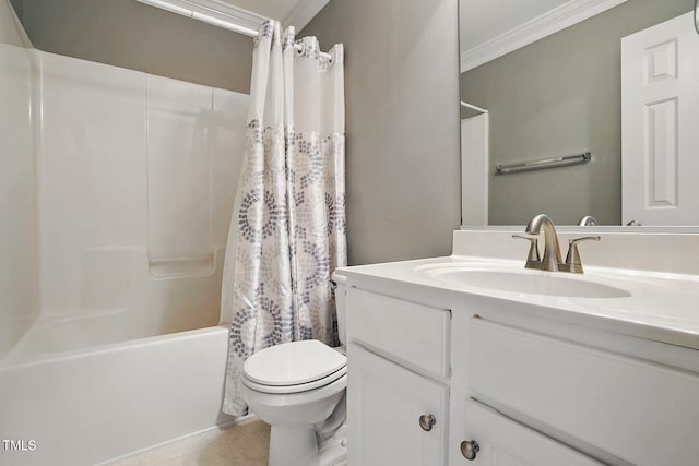 full bath featuring shower / bath combination with curtain, toilet, crown molding, tile patterned flooring, and vanity