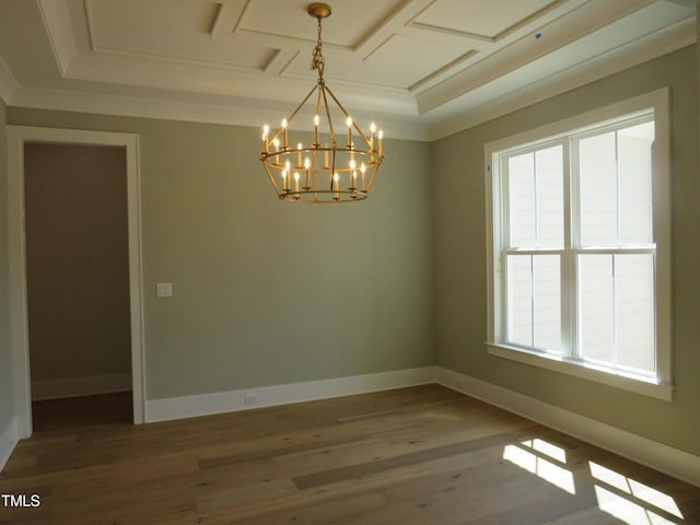 1444 Old Apex Rd, Cary, NC 27513 - empty room featuring a chandelier, baseboards, coffered ceiling, wood finished floors, and ornamental molding