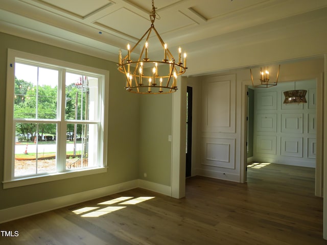 1444 Old Apex Rd, Cary, NC 27513 - unfurnished dining area with a chandelier, wood finished floors, and baseboards